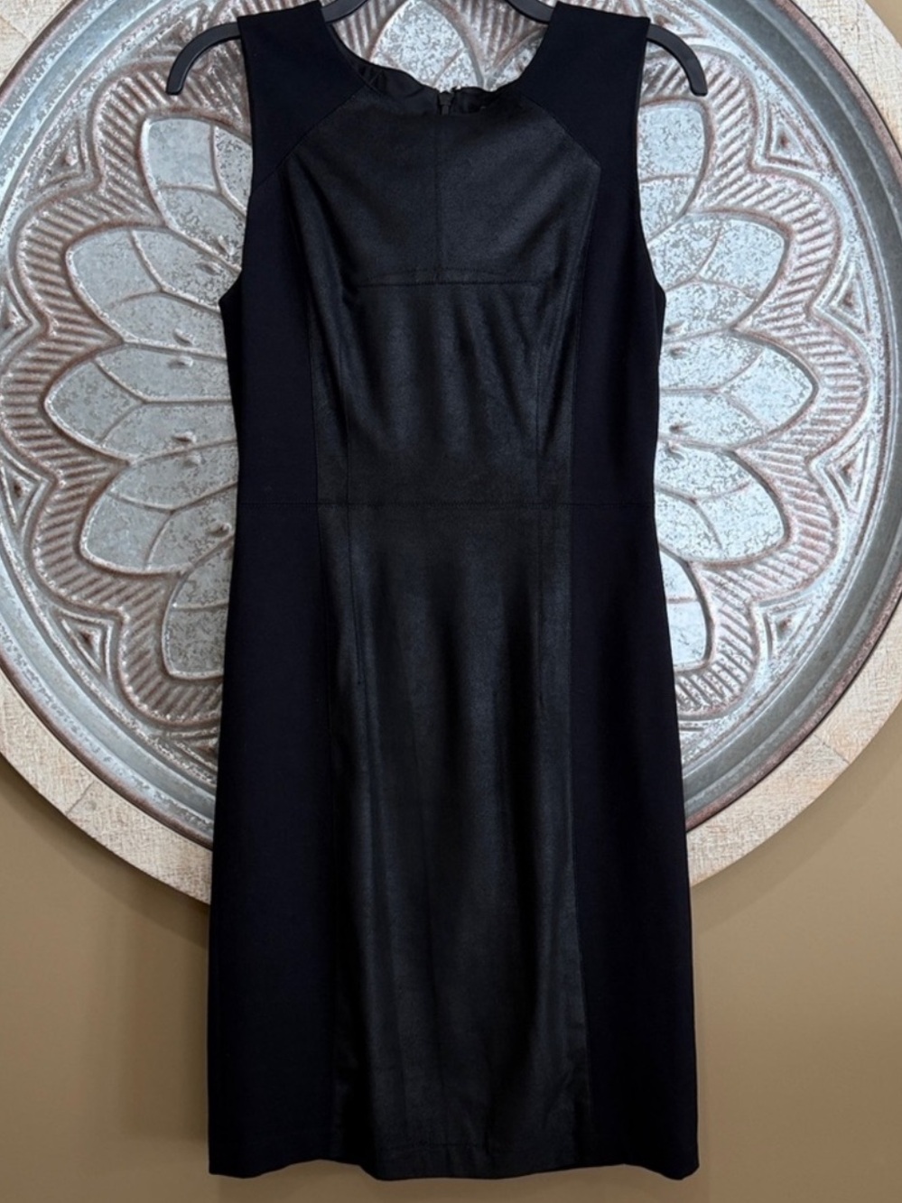 BCBGMaxAzria NEW Black Faux-Sued Leather Paneled Sleeveless Fitted Pencil Dress